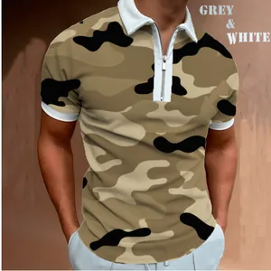 Men's 3D camouflage print polo shirt with zipper closure and contrast white collar detail.