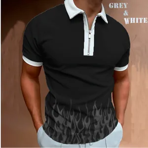 Detailed view of men's black polo shirt with white zipper collar and flame print