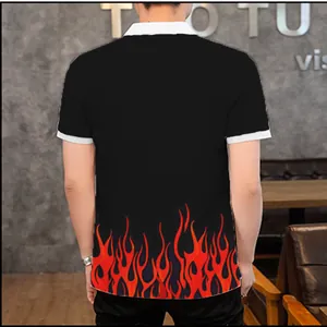 Back view of men's black polo shirt featuring vibrant red flame pattern print detail