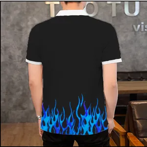 Back view of black men's polo shirt featuring vibrant blue flame 3D print details
