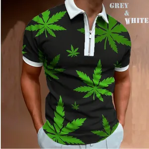 Close-up detail of men's 3D printed polo shirt featuring a vibrant green leaf pattern