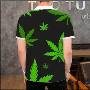 Men's casual short sleeve polo shirt with a vibrant 3D green leaf pattern print.