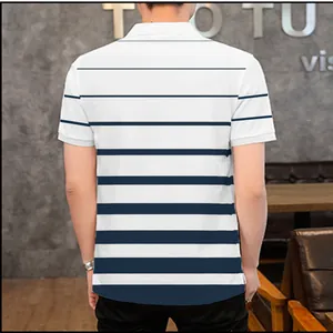 Back view of a breathable white cotton polo shirt with navy horizontal stripes for men