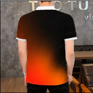 Back view of a men's polo shirt with a stylish black to orange 3D gradient print