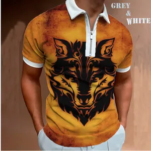 Men's casual polo shirt with 3D wolf head print and zipper collar details