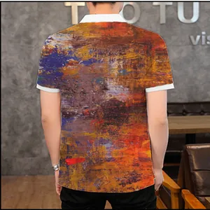 Detailed back view of men's casual polo shirt featuring abstract oil painting 3D print design