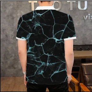 Detail back view of men's casual polo shirt with 3D blue marble crack pattern print