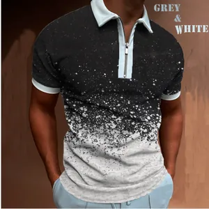Detail of men's polo shirt with zipper neck and grey-white splatter print