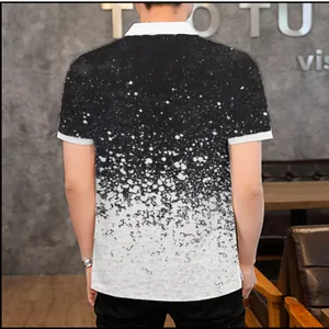 Back view of a men's 3D printed polo shirt with black and white splash gradient design