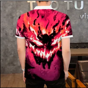 Back view of men's polo shirt featuring a fierce red flame 3D monster print