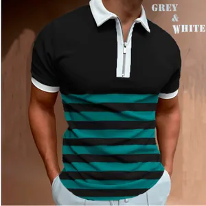 Detailed view of men's casual polo shirt featuring a zip collar and teal striped pattern