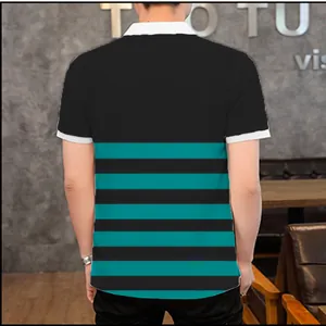 Detailed back view of men's casual polo shirt featuring black and teal striped 3D print