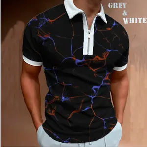 Men's short sleeve polo shirt featuring a 3D marble print and zipper neck design