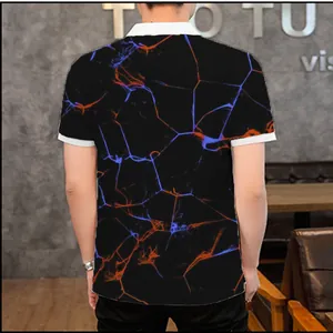 Men's summer 3D printed polo shirt with blue and orange geometric lines, back view