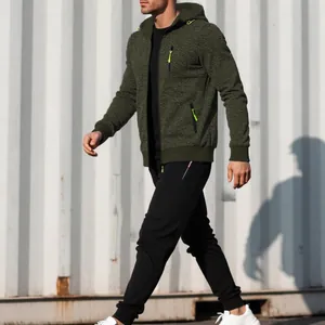 Men's athletic olive green jacquard zip-up hooded jacket and black jogger suit