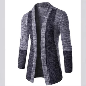 Stylish men's color-block open front knit cardigan sweater in mixed grey tones