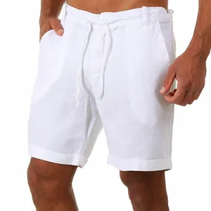Men's Casual Cotton Linen Blend Shorts With Drawstring Elastic Waist And Rolled Cuffs Solid Color Summer Beach Shorts For Men