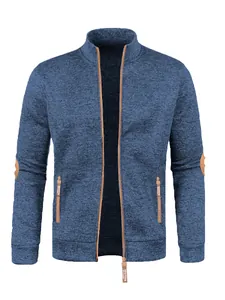 Vue de face du gilet zippé bleu chiné pour hommes avec coudières marron