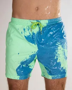 Detailed shot of men's color-changing swim trunks showing the green to blue effect