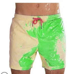 Men's heat-sensitive color-changing swim trunks showing yellow and neon green reaction.