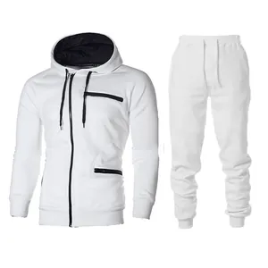 Tuta sportiva bianca premium da uomo con giacca con cappuccio in pile e pantaloni