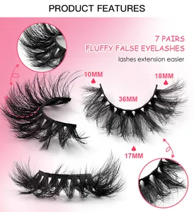 Detailed view of 7 pairs fluffy thick false eyelashes with 10mm to 18mm length labels