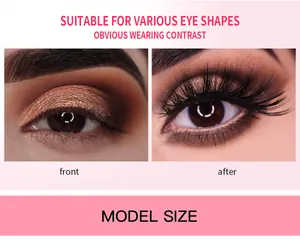 Before and after comparison of thick D-curl dramatic false eyelashes for makeup look