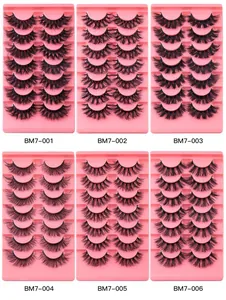 Detailed view of six different styles of 7-pair dense D-curl fluffy false eyelash sets
