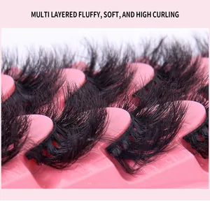 Close-up detail of multi-layered fluffy D-curl false eyelashes in pink tray