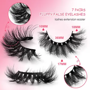 Set of 7 pairs of fluffy D-curl false eyelashes, lengths ranging from 10mm to 18mm.