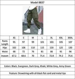 Guida alle taglie per pantaloni cargo da uomo con misure dettagliate e modello