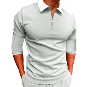 Detail of men's slim fit polo shirt with white collar and front zipper closure