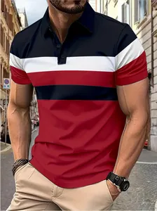 Detailed view of men's casual polo shirt with stylish color-block stripes pattern.