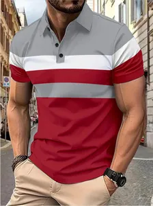 Detailed view showing the grey, white and red color-block stripes on a men's polo shirt