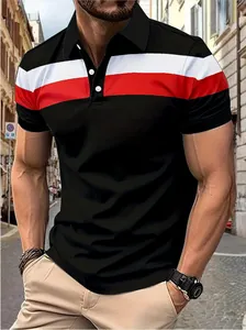 Men's short-sleeve polo shirt with a stylish red and white color-block stripe design.
