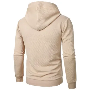 Detailed back view of men's beige jacquard textured outdoor sport hoodie pullover