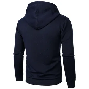 Detailed back view of a professional men's navy blue jacquard textured hoodie