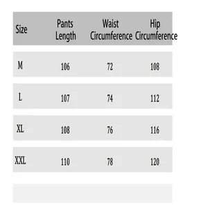 Detailed size guide table for men's outdoor sports pants showing measurements.