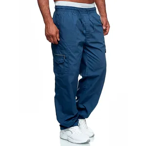 Pantaloni cargo blu da uomo larghi a gamba dritta con tasche multiple e coulisse.