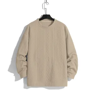Men's Casual Crew Neck Long Sleeve Sweatshirt With Cable Knit Texture Solid Color Loose Fit Spring Autumn Winter Top