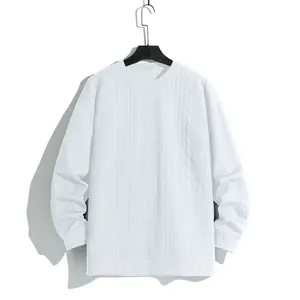 White men's crew neck sweater with textured cable knit jacquard pattern for winter