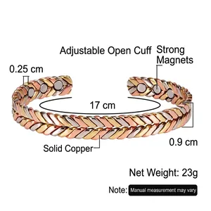 Tri-color woven magnetic health therapy pure copper cuff bracelet with adjustable opening