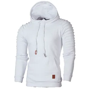 White textured men's long sleeve hooded sweatshirt with jacquard stripe pattern design