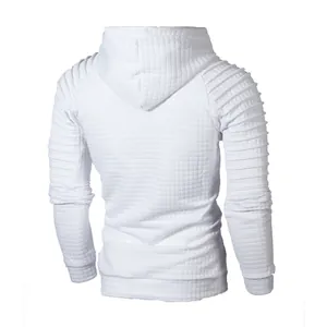 Detailed back view of white men's hooded sweatshirt with quilted jacquard pattern