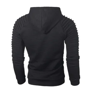 Detailed back view of men's black hooded sweatshirt with textured body and ribbed sleeves