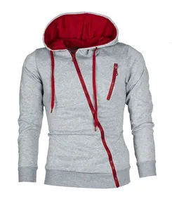 Detailed front view of men's slim fit grey hoodie with unique diagonal red zipper