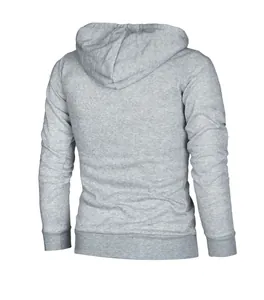 Detailed back view of a grey slim fit hooded sweatshirt featuring a classic hoodie design