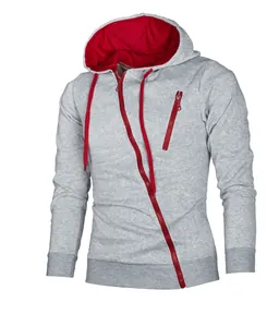 Front view of men's slim fit hoodie with unique red diagonal zipper detail.