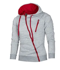 Men's slim fit hoodie with unique diagonal zipper and contrast red hood lining.