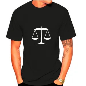 Modern men's black short sleeve T-shirt featuring a white balance scales graphic print
